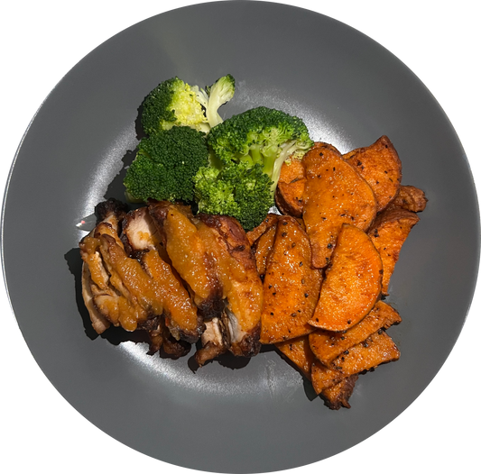 Scotch & Mango Chicken, Sweet Potato Wedges + Broccoli