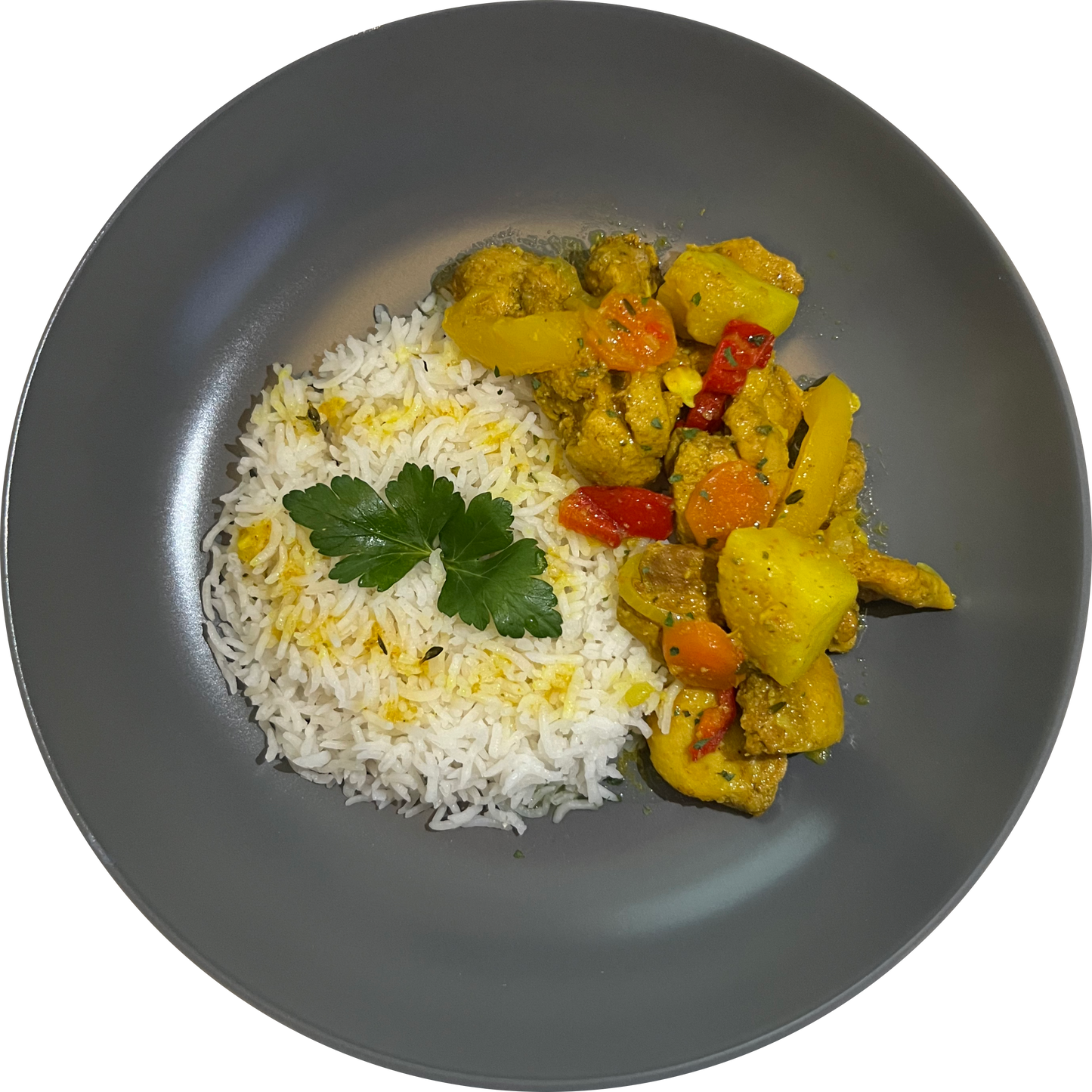 Curry Chicken, Coconut Rice + Plantain