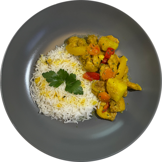 Curry Chicken, Coconut Rice + Plantain