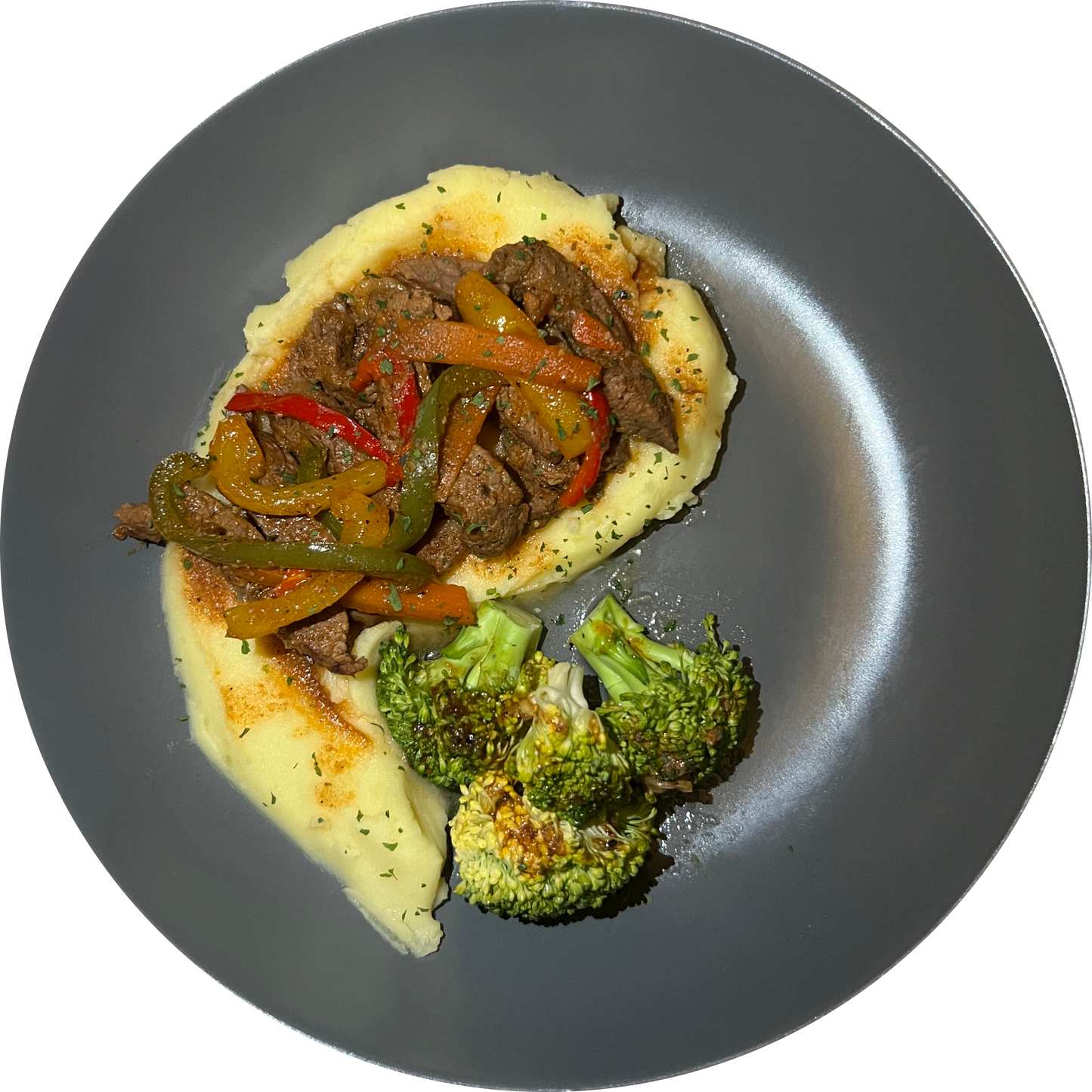 Pepper Steak, Creamy Garlic Mash + Broccoli