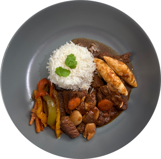 Coconut Beef Stew, White Rice + Dumplings